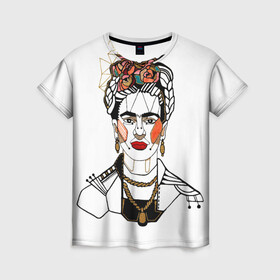 Женская футболка 3D с принтом Фрида Кало  в Новосибирске, 100% полиэфир ( синтетическое хлопкоподобное полотно) | прямой крой, круглый вырез горловины, длина до линии бедер | кало | картинки | популярные | прикольные | фрида | цветы | человек