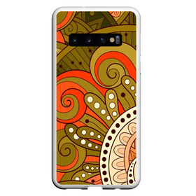 Чехол для Samsung Galaxy S10 с принтом Детский оранжево-болотный в Новосибирске, Силикон | Область печати: задняя сторона чехла, без боковых панелей | doodling | pattern | textures | tiles | абстракция | белый | болотный | детский | дудл | дудлинг | завихрение | зеленый | линия | оранжевый | паттерны | спираль | тайлы | текстуры | точка | узор | фон