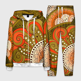 Мужской костюм 3D с принтом Детский оранжево-болотный в Новосибирске, 100% полиэстер | Манжеты и пояс оформлены тканевой резинкой, двухслойный капюшон со шнурком для регулировки, карманы спереди | doodling | pattern | textures | tiles | абстракция | белый | болотный | детский | дудл | дудлинг | завихрение | зеленый | линия | оранжевый | паттерны | спираль | тайлы | текстуры | точка | узор | фон