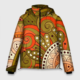 Мужская зимняя куртка 3D с принтом Детский оранжево-болотный в Новосибирске, верх — 100% полиэстер; подкладка — 100% полиэстер; утеплитель — 100% полиэстер | длина ниже бедра, свободный силуэт Оверсайз. Есть воротник-стойка, отстегивающийся капюшон и ветрозащитная планка. 

Боковые карманы с листочкой на кнопках и внутренний карман на молнии. | Тематика изображения на принте: doodling | pattern | textures | tiles | абстракция | белый | болотный | детский | дудл | дудлинг | завихрение | зеленый | линия | оранжевый | паттерны | спираль | тайлы | текстуры | точка | узор | фон