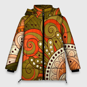 Женская зимняя куртка 3D с принтом Детский оранжево-болотный в Новосибирске, верх — 100% полиэстер; подкладка — 100% полиэстер; утеплитель — 100% полиэстер | длина ниже бедра, силуэт Оверсайз. Есть воротник-стойка, отстегивающийся капюшон и ветрозащитная планка. 

Боковые карманы с листочкой на кнопках и внутренний карман на молнии | Тематика изображения на принте: doodling | pattern | textures | tiles | абстракция | белый | болотный | детский | дудл | дудлинг | завихрение | зеленый | линия | оранжевый | паттерны | спираль | тайлы | текстуры | точка | узор | фон
