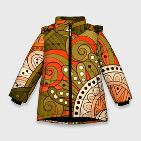 Зимняя куртка для девочек 3D с принтом Детский оранжево-болотный в Новосибирске, ткань верха — 100% полиэстер; подклад — 100% полиэстер, утеплитель — 100% полиэстер. | длина ниже бедра, удлиненная спинка, воротник стойка и отстегивающийся капюшон. Есть боковые карманы с листочкой на кнопках, утяжки по низу изделия и внутренний карман на молнии. 

Предусмотрены светоотражающий принт на спинке, радужный светоотражающий элемент на пуллере молнии и на резинке для утяжки. | doodling | pattern | textures | tiles | абстракция | белый | болотный | детский | дудл | дудлинг | завихрение | зеленый | линия | оранжевый | паттерны | спираль | тайлы | текстуры | точка | узор | фон