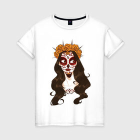 Женская футболка хлопок с принтом Миктлансиуатль в Новосибирске, 100% хлопок | прямой крой, круглый вырез горловины, длина до линии бедер, слегка спущенное плечо | белый | девушка | день мёртвых | красный | оранжевый | роза | цветы | череп | черный