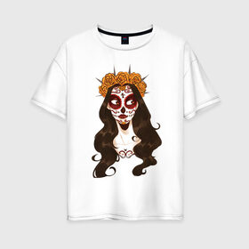 Женская футболка хлопок Oversize с принтом Миктлансиуатль в Новосибирске, 100% хлопок | свободный крой, круглый ворот, спущенный рукав, длина до линии бедер
 | белый | девушка | день мёртвых | красный | оранжевый | роза | цветы | череп | черный
