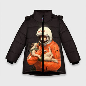 Зимняя куртка для девочек 3D с принтом День космонавтики в Новосибирске, ткань верха — 100% полиэстер; подклад — 100% полиэстер, утеплитель — 100% полиэстер. | длина ниже бедра, удлиненная спинка, воротник стойка и отстегивающийся капюшон. Есть боковые карманы с листочкой на кнопках, утяжки по низу изделия и внутренний карман на молнии. 

Предусмотрены светоотражающий принт на спинке, радужный светоотражающий элемент на пуллере молнии и на резинке для утяжки. | 12 апреля | nasa | russia | байконур | белка и стрелка | восток 1 | гагарин | день космонавтики | земля | наса | россия | ссср | юрий гагарин