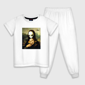 Детская пижама хлопок с принтом Mona Lisa в Новосибирске, 100% хлопок |  брюки и футболка прямого кроя, без карманов, на брюках мягкая резинка на поясе и по низу штанин
 | Тематика изображения на принте: alien | da | gioconda | la | leonardo | lisa | mona | renaissance | smile | ufo | vinci | винчи | да | джоконда | инопланетянин | леонардо | лиза | мона | нло | ренессанс | улыбка