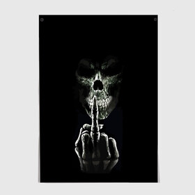 Постер с принтом Finger в Новосибирске, 100% бумага
 | бумага, плотность 150 мг. Матовая, но за счет высокого коэффициента гладкости имеет небольшой блеск и дает на свету блики, но в отличии от глянцевой бумаги не покрыта лаком | black | bones | finger | gesture | jaw | orbits | skull | teeth | глазницы | жест | зубы | кости | палец | пасть | череп | черный