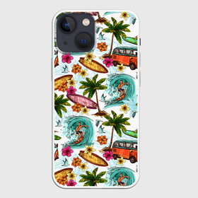 Чехол для iPhone 13 mini с принтом Летнее Настроение в Новосибирске,  |  | Тематика изображения на принте: волны | деревья | купальник | лето | листья | море | океан | остров | отпуск | пальмы | пляж | природа | птицы | путешествие | серфинг | солнце | спорт | таиланд | тропики | туризм | цветы
