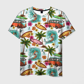 Мужская футболка 3D с принтом Летнее Настроение в Новосибирске, 100% полиэфир | прямой крой, круглый вырез горловины, длина до линии бедер | волны | деревья | купальник | лето | листья | море | океан | остров | отпуск | пальмы | пляж | природа | птицы | путешествие | серфинг | солнце | спорт | таиланд | тропики | туризм | цветы