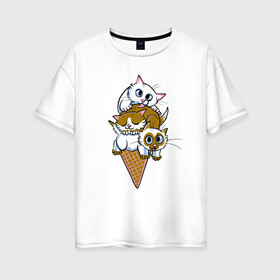 Женская футболка хлопок Oversize с принтом Ice Cream Cats в Новосибирске, 100% хлопок | свободный крой, круглый ворот, спущенный рукав, длина до линии бедер
 | animal | cat | cute | kitty | meow | друг | еда | животные | киска | китти | кот | котенок | котик | кошечка | кошка | лев | леопард | милый | мороженое | мур | мяу | пантера | питомец | рысь | тигр | улыбка