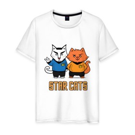 Мужская футболка хлопок с принтом Star Cats в Новосибирске, 100% хлопок | прямой крой, круглый вырез горловины, длина до линии бедер, слегка спущенное плечо. | Тематика изображения на принте: animal | cat | cute | kitty | meow | друг | животные | киска | китти | кот | котенок | котик | кошечка | кошка | лев | леопард | милый | мур | мяу | пантера | питомец | рысь | тигр | улыбка