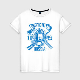 Женская футболка хлопок с принтом FIREFIGHTER RUSSIA в Новосибирске, 100% хлопок | прямой крой, круглый вырез горловины, длина до линии бедер, слегка спущенное плечо | 112 | 23 февраля | 27 декабря | firefighter | герб | гкчс | знак | лого | логотип | министерство | мчс | мчс россии | мчсник | по чрезв | пожарная охрана | пожарник | пожарный | пч | россии | рф | символ | ситуации