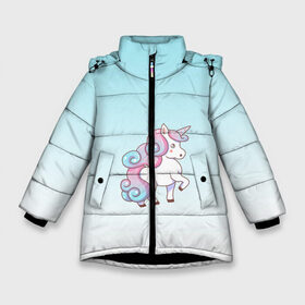 Зимняя куртка для девочек 3D с принтом единорог на небесно-голубом в Новосибирске, ткань верха — 100% полиэстер; подклад — 100% полиэстер, утеплитель — 100% полиэстер. | длина ниже бедра, удлиненная спинка, воротник стойка и отстегивающийся капюшон. Есть боковые карманы с листочкой на кнопках, утяжки по низу изделия и внутренний карман на молнии. 

Предусмотрены светоотражающий принт на спинке, радужный светоотражающий элемент на пуллере молнии и на резинке для утяжки. | арт | волосы | вымышленное | грива | единорог | животные | картинка | лазурный | магическое | милое существое | мультяшное | небесный | рисунок | рог | розовый | светлый | создание
