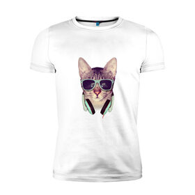 Мужская футболка хлопок Slim с принтом кот в очках и наушниках в Новосибирске, 92% хлопок, 8% лайкра | приталенный силуэт, круглый вырез ворота, длина до линии бедра, короткий рукав | Тематика изображения на принте: кот | кошка | мода | модник | мятный | наушники | очки | реализм | салатный | фото | хипстер | черный