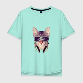 Мужская футболка хлопок Oversize с принтом кот в очках и наушниках в Новосибирске, 100% хлопок | свободный крой, круглый ворот, “спинка” длиннее передней части | кот | кошка | мода | модник | мятный | наушники | очки | реализм | салатный | фото | хипстер | черный