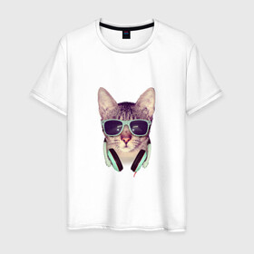 Мужская футболка хлопок с принтом кот в очках и наушниках в Новосибирске, 100% хлопок | прямой крой, круглый вырез горловины, длина до линии бедер, слегка спущенное плечо. | кот | кошка | мода | модник | мятный | наушники | очки | реализм | салатный | фото | хипстер | черный