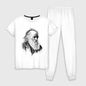 Женская пижама хлопок с принтом Чарльз Дарвин в Новосибирске, 100% хлопок | брюки и футболка прямого кроя, без карманов, на брюках мягкая резинка на поясе и по низу штанин | арт | знаменитости | портрет | ученый | чарльз дарвин