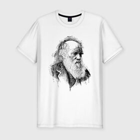 Мужская футболка хлопок Slim с принтом Чарльз Дарвин в Новосибирске, 92% хлопок, 8% лайкра | приталенный силуэт, круглый вырез ворота, длина до линии бедра, короткий рукав | арт | знаменитости | портрет | ученый | чарльз дарвин