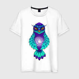 Мужская футболка хлопок с принтом Космическая сова в Новосибирске, 100% хлопок | прямой крой, круглый вырез горловины, длина до линии бедер, слегка спущенное плечо. | арт | бирюзовый | животные | картинка | космическая спираль | космос | рисунок | синий | сова | спираль