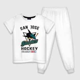 Детская пижама хлопок с принтом SAN JOSE SHARKS в Новосибирске, 100% хлопок |  брюки и футболка прямого кроя, без карманов, на брюках мягкая резинка на поясе и по низу штанин
 | hockey | nhl | san jose | sharks | sport | usa | акулы | надпись | нхл | сан хосе | символы | сообщение | спорт | сша | текст | фраза | хоккей | цитаты | шайбу