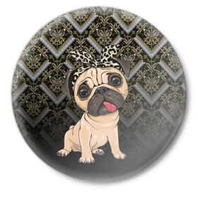 Значок с принтом милый мопс в Новосибирске,  металл | круглая форма, металлическая застежка в виде булавки | Тематика изображения на принте: versace | арт | версаче | гламурный | животные | золото | картинка | леопард | милый | мода | мопс | мопсиха | пес | песик | рисунок | собака