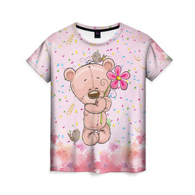 Женская футболка 3D с принтом Милый мишка с цветочком в Новосибирске, 100% полиэфир ( синтетическое хлопкоподобное полотно) | прямой крой, круглый вырез горловины, длина до линии бедер | воробушек | воробьи | медведь | медвежонок | мишка | плюшевый мишка | подарок | птичка | цветок | цветочки