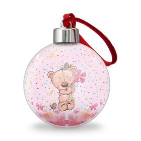 Ёлочный шар с принтом Милый мишка с цветочком в Новосибирске, Пластик | Диаметр: 77 мм | воробушек | воробьи | медведь | медвежонок | мишка | плюшевый мишка | подарок | птичка | цветок | цветочки