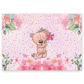 Поздравительная открытка с принтом Милый мишка с цветочком в Новосибирске, 100% бумага | плотность бумаги 280 г/м2, матовая, на обратной стороне линовка и место для марки
 | воробушек | воробьи | медведь | медвежонок | мишка | плюшевый мишка | подарок | птичка | цветок | цветочки