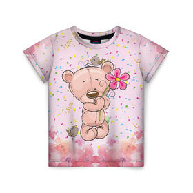 Детская футболка 3D с принтом Милый мишка с цветочком в Новосибирске, 100% гипоаллергенный полиэфир | прямой крой, круглый вырез горловины, длина до линии бедер, чуть спущенное плечо, ткань немного тянется | Тематика изображения на принте: воробушек | воробьи | медведь | медвежонок | мишка | плюшевый мишка | подарок | птичка | цветок | цветочки