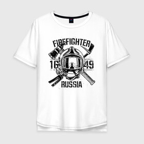 Мужская футболка хлопок Oversize с принтом FIREFIGHTER RUSSIA в Новосибирске, 100% хлопок | свободный крой, круглый ворот, “спинка” длиннее передней части | Тематика изображения на принте: 112 | 23 февраля | 27 декабря | firefighter | герб | гкчс | знак | лого | логотип | министерство | мчс | мчс россии | мчсник | по чрезв | пожарная охрана | пожарник | пожарный | пч | россии | рф | символ | ситуации