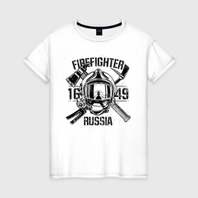 Женская футболка хлопок с принтом FIREFIGHTER RUSSIA в Новосибирске, 100% хлопок | прямой крой, круглый вырез горловины, длина до линии бедер, слегка спущенное плечо | 112 | 23 февраля | 27 декабря | firefighter | герб | гкчс | знак | лого | логотип | министерство | мчс | мчс россии | мчсник | по чрезв | пожарная охрана | пожарник | пожарный | пч | россии | рф | символ | ситуации