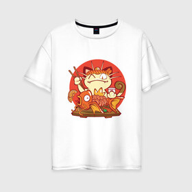 Женская футболка хлопок Oversize с принтом Sushi Cat в Новосибирске, 100% хлопок | свободный крой, круглый ворот, спущенный рукав, длина до линии бедер
 | animal | cat | cute | food | kitty | meow | sushi | друг | еда | животные | киска | китти | кот | котенок | котик | кошечка | кошка | лев | леопард | милый | мур | мяу | пантера | питомец | повар | рысь | суши | тигр | улыбка