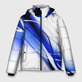Мужская зимняя куртка 3D с принтом GEOMETRY STRIPES BLUE в Новосибирске, верх — 100% полиэстер; подкладка — 100% полиэстер; утеплитель — 100% полиэстер | длина ниже бедра, свободный силуэт Оверсайз. Есть воротник-стойка, отстегивающийся капюшон и ветрозащитная планка. 

Боковые карманы с листочкой на кнопках и внутренний карман на молнии. | Тематика изображения на принте: abstraction | geometry | hexagon | neon | paints | stripes | texture | triangle | абстракция | брызги | геометрия | краски | неон | неоновый | соты | текстура