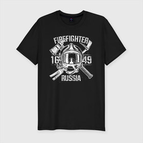 Мужская футболка хлопок Slim с принтом FIREFIGHTER RUSSIA в Новосибирске, 92% хлопок, 8% лайкра | приталенный силуэт, круглый вырез ворота, длина до линии бедра, короткий рукав | 112 | 23 февраля | 27 декабря | firefighter | герб | гкчс | знак | лого | логотип | мчс | мчс россии | мчсник | пожарная охрана | пожарник | пожарный | пч | россии | рф | символ | ситуац | служба | спасатель