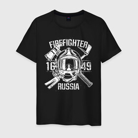 Мужская футболка хлопок с принтом FIREFIGHTER RUSSIA в Новосибирске, 100% хлопок | прямой крой, круглый вырез горловины, длина до линии бедер, слегка спущенное плечо. | Тематика изображения на принте: 112 | 23 февраля | 27 декабря | firefighter | герб | гкчс | знак | лого | логотип | мчс | мчс россии | мчсник | пожарная охрана | пожарник | пожарный | пч | россии | рф | символ | ситуац | служба | спасатель