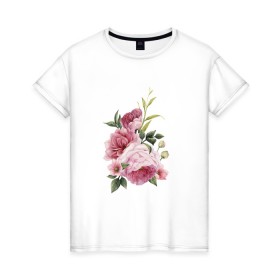 Женская футболка хлопок с принтом Пионы в Новосибирске, 100% хлопок | прямой крой, круглый вырез горловины, длина до линии бедер, слегка спущенное плечо | big picture | картинки | лето | пионы | прикольные | тренды | цветы