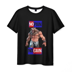 Мужская футболка 3D с принтом NO PAIN NO GAIN в Новосибирске, 100% полиэфир | прямой крой, круглый вырез горловины, длина до линии бедер | no pain no gain | качалка | качек | медведь | накаченный | русский медведь | сила | силач | спорт