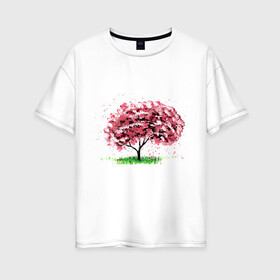 Женская футболка хлопок Oversize с принтом Сакура в Новосибирске, 100% хлопок | свободный крой, круглый ворот, спущенный рукав, длина до линии бедер
 | pink | sakura | tree | дерево | дерево сакуры | природа | розовое | сакура | цветущее дерево