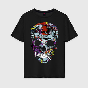 Женская футболка хлопок Oversize с принтом Skull в Новосибирске, 100% хлопок | свободный крой, круглый ворот, спущенный рукав, длина до линии бедер
 | color | fashion | grin | jaw | orbits | paint | skull | teeth | vanguard | глазницы | зубы | краска | мода | оскал | пасть | цвет | череп