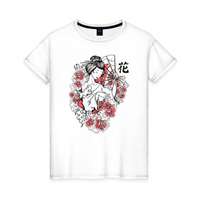 Женская футболка хлопок с принтом Гейша в Новосибирске, 100% хлопок | прямой крой, круглый вырез горловины, длина до линии бедер, слегка спущенное плечо | иллюстрация | рисунок | сакура | цветы | япония