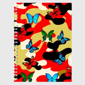 Тетрадь с принтом Камуфляжные бабочки в Новосибирске, 100% бумага | 48 листов, плотность листов — 60 г/м2, плотность картонной обложки — 250 г/м2. Листы скреплены сбоку удобной пружинной спиралью. Уголки страниц и обложки скругленные. Цвет линий — светло-серый
 | бабочки | камуфляж | камуфляжные бабочки | хаки