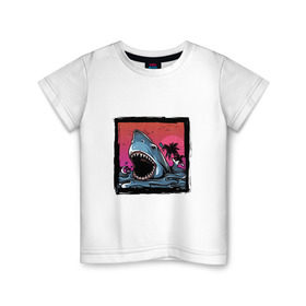 Детская футболка хлопок с принтом White Shark в Новосибирске, 100% хлопок | круглый вырез горловины, полуприлегающий силуэт, длина до линии бедер | Тематика изображения на принте: белая акула | животные | зубы | лето | море | опасный | пальмы | пляж | природа | ретро | рыба | хищник | челюсть | чудовище