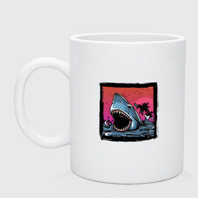 Кружка с принтом White Shark в Новосибирске, керамика | объем — 330 мл, диаметр — 80 мм. Принт наносится на бока кружки, можно сделать два разных изображения | Тематика изображения на принте: белая акула | животные | зубы | лето | море | опасный | пальмы | пляж | природа | ретро | рыба | хищник | челюсть | чудовище