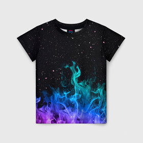 Детская футболка 3D с принтом Перламутровый огонь в Новосибирске, 100% гипоаллергенный полиэфир | прямой крой, круглый вырез горловины, длина до линии бедер, чуть спущенное плечо, ткань немного тянется | fire | space | звездное небо | звезды | космос | костер | огонь | огонь в небе | перламутр | перламутровый | пламя | пламя космос | северное сияние | синее пламя | синий огонь