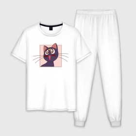 Мужская пижама хлопок с принтом Luna, Sailor Moon в Новосибирске, 100% хлопок | брюки и футболка прямого кроя, без карманов, на брюках мягкая резинка на поясе и по низу штанин
 | Тематика изображения на принте: 90s | cat | cute | kawaii | kitty | luna | sailor moon | usagi tsukino | аниме | каваии | кавай | кот | котики | луна | манга | марс | меркурий | милота | сейлор | сейлор мун | усаги цукино