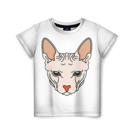 Детская футболка 3D с принтом Сфинкс в Новосибирске, 100% гипоаллергенный полиэфир | прямой крой, круглый вырез горловины, длина до линии бедер, чуть спущенное плечо, ткань немного тянется | арт | животные | картинка | лысая кошка | лысый кот | мультяшный принт | нарисованная кошка | нарисованный кот | принт | рисунок | сфинкс