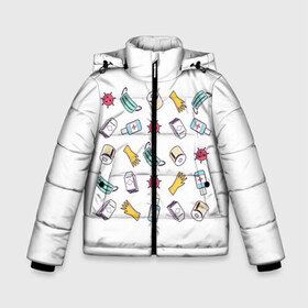 Зимняя куртка для мальчиков 3D с принтом Covid-19 в Новосибирске, ткань верха — 100% полиэстер; подклад — 100% полиэстер, утеплитель — 100% полиэстер | длина ниже бедра, удлиненная спинка, воротник стойка и отстегивающийся капюшон. Есть боковые карманы с листочкой на кнопках, утяжки по низу изделия и внутренний карман на молнии. 

Предусмотрены светоотражающий принт на спинке, радужный светоотражающий элемент на пуллере молнии и на резинке для утяжки | вирус | изоляция | коронавирус | предметы | самоизоляция