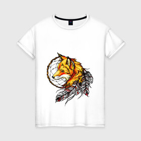 Женская футболка хлопок с принтом Страж снов в Новосибирске, 100% хлопок | прямой крой, круглый вырез горловины, длина до линии бедер, слегка спущенное плечо | арт | желтый | животные | картинка | лис | лиса | ловец снов | перо | перья | рисунок | рыжий