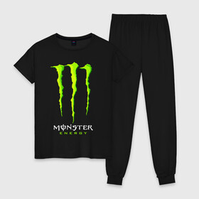 Женская пижама хлопок с принтом MONSTER ENERGY в Новосибирске, 100% хлопок | брюки и футболка прямого кроя, без карманов, на брюках мягкая резинка на поясе и по низу штанин | black monster | bmx | claw | cybersport | energy | monster | monster energy | moto | motocross | race | sport | киберспорт | когти | монстер энерджи | монстр | мото | мотокросс | ралли | скейтбординг | спорт | т | энергия