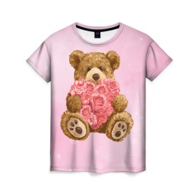 Женская футболка 3D с принтом Плюшевый медведь с сердечком в Новосибирске, 100% полиэфир ( синтетическое хлопкоподобное полотно) | прямой крой, круглый вырез горловины, длина до линии бедер | арт | животные | картинка | медвежонок | мишка | плюшевый медведь | рисунок | розовые цветы | розочки | розы | сердечко | сердце | сердце из роз | цветы